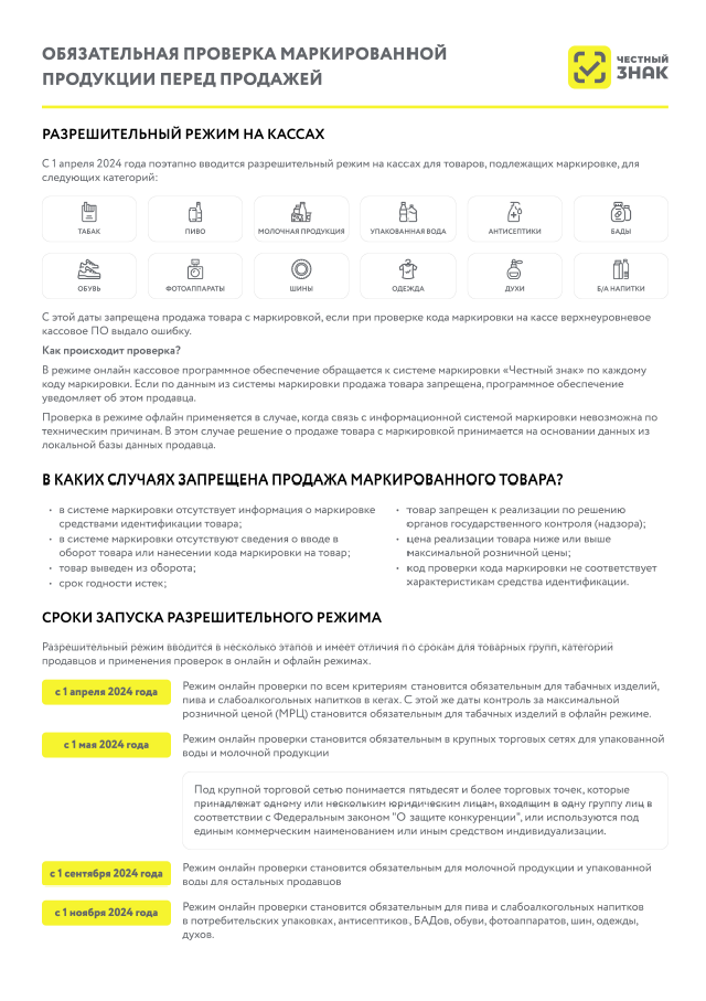 С 1 апреля 2024 года поэтапно вводится разрешительный режим на кассах для товаров, подлежащих маркировке, для следующих категорий.